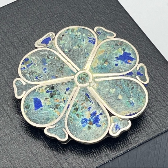 Vintage Jewelry - VTG Sterling Silver MEXICO Inlay Brooch Pendant Flower 1.5"